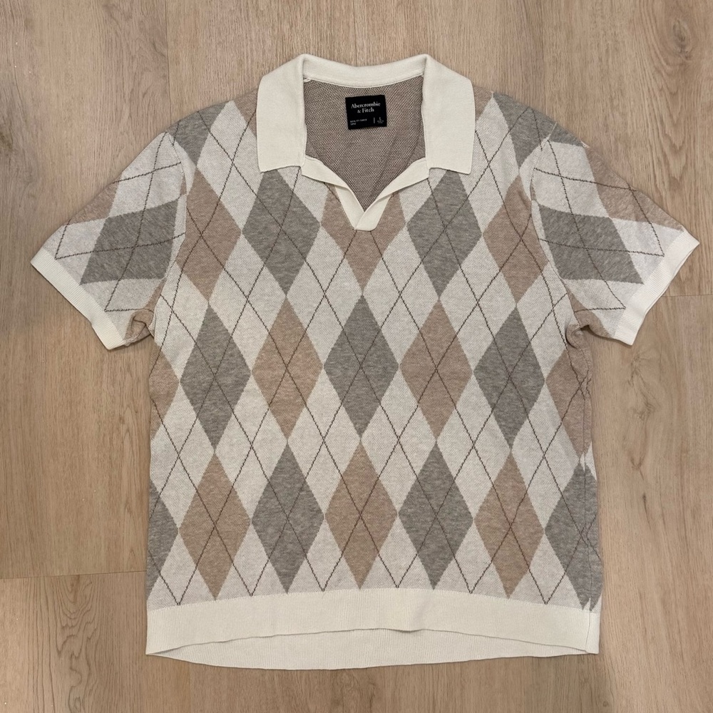Abercrombie & Fitch Argyle Sweater Polo - Cream, Gray, Brown